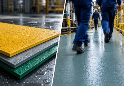 Workers walking on non-slip industrial floor panel options