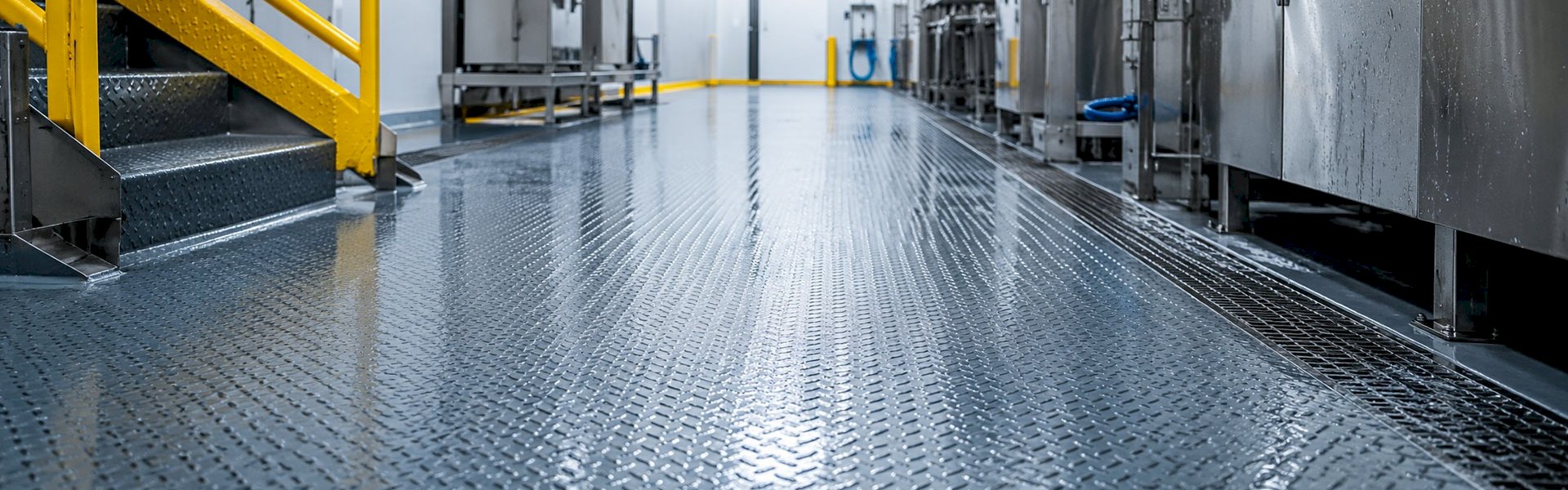 Grey textured anti-slip flooring in an industrial facility