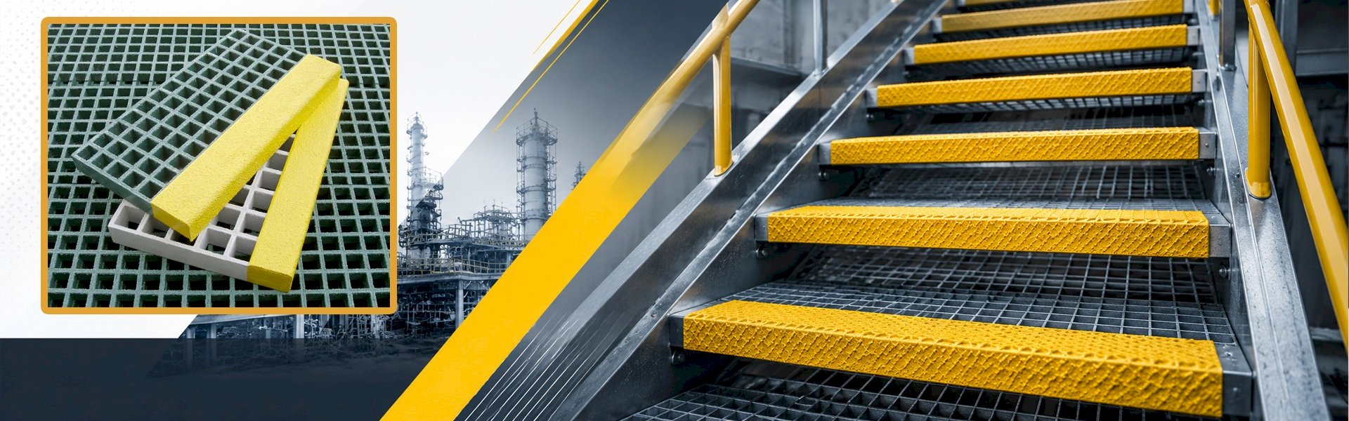 Worker walking on industrial stairs fitted with GRP stair tread covers for improved anti-slip safety