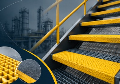 GRP stair tread covers installed on industrial staircase in warehouse environment