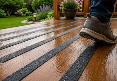 Close-up of a shoe stepping on wet wooden deck anti-slip tape.