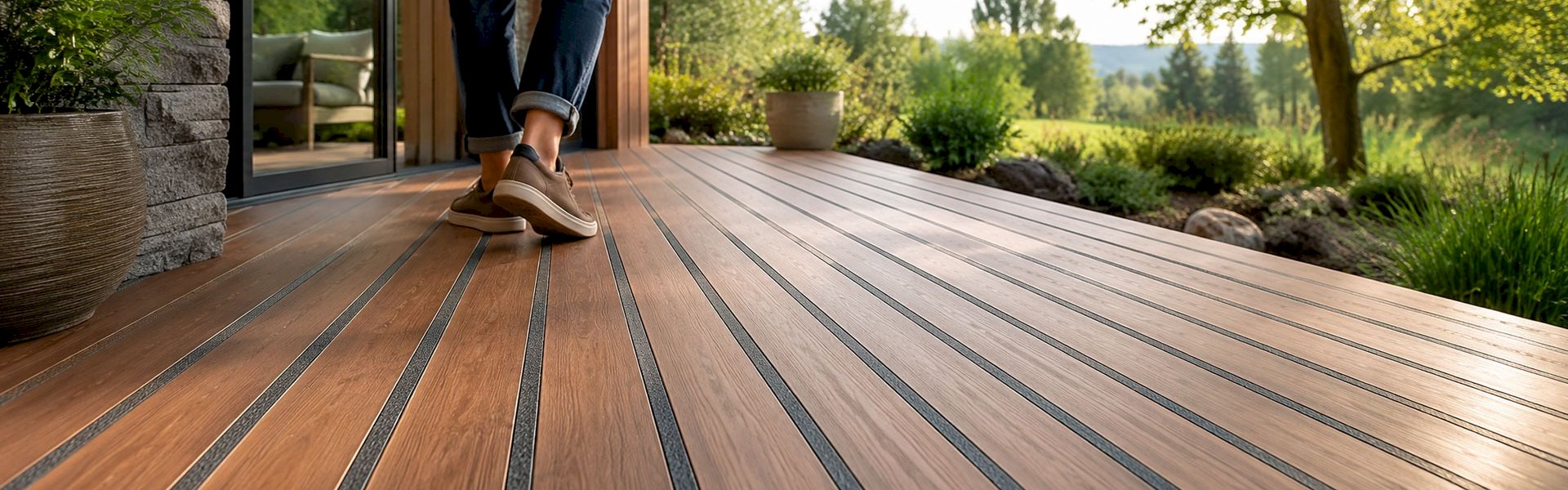 Person walking on a wooden deck with anti-slip grip strips.